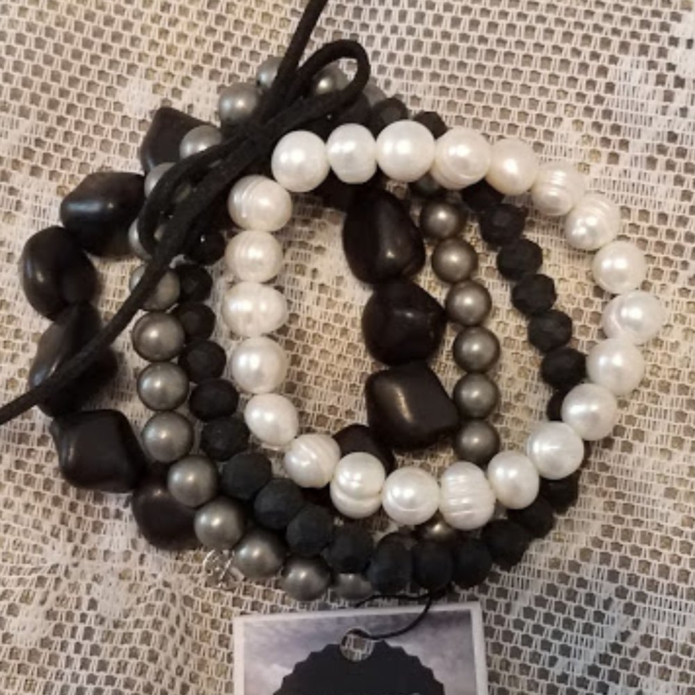 Bracelets Set of 4 Black, Charcoal & Pearl NWT
